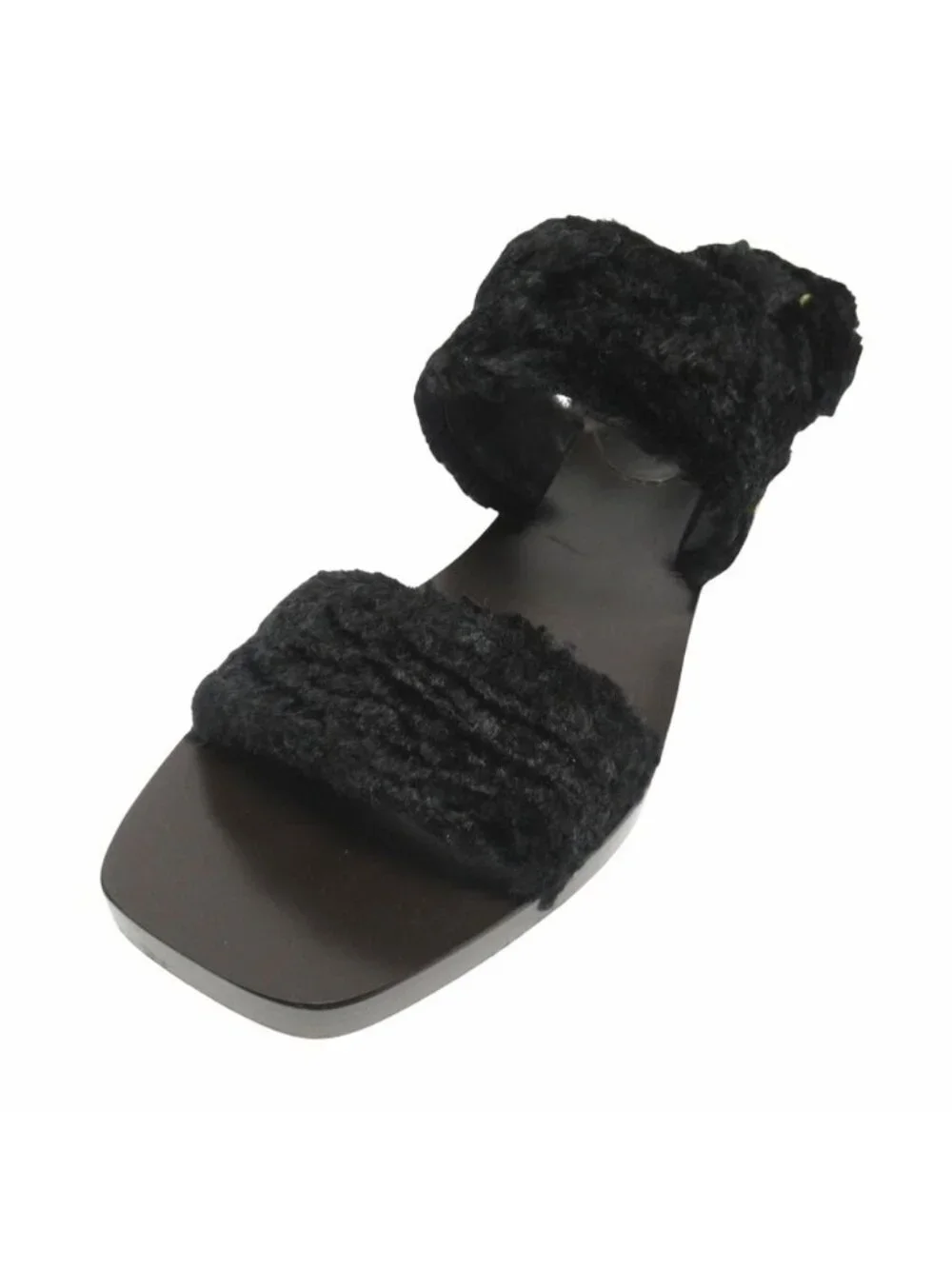 Gucci Faux Fur Sandals Boa Shoes Metal Heels Back Velcro Black 37.5